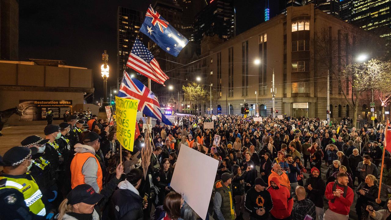 Anti-maskers and Covid-deniers at the protest addressed by Project Phoenix ‘uprising’ on Thursday. Picture: Jason Edwards