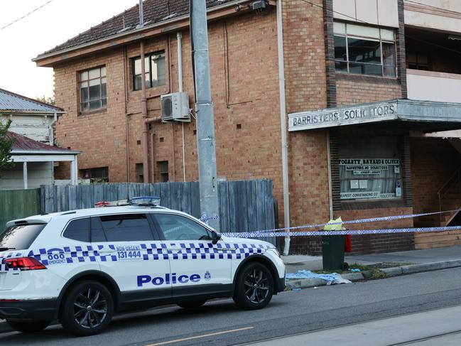 Police at the scene of a suspected homicide in St Kilda where an apartment fire has taken place resulting in the death of a man. Thursday, February 6. 2025. Picture: David Crosling