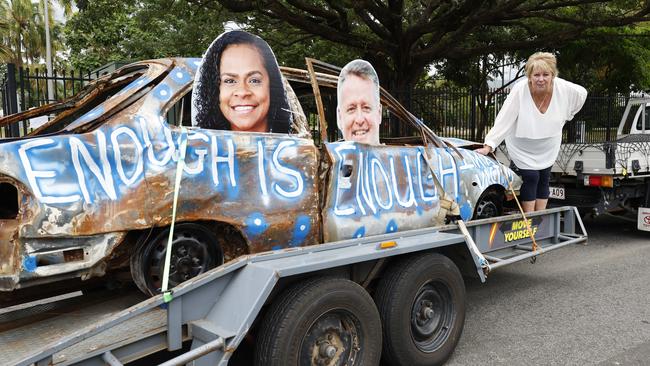 Last year anti crime campaigner Perri Conti has taken a burnt out car, placed it onto a trailer and is driving it around the suburbs of Cairns. Picture: Brendan Radke