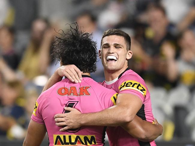 Penrith halves Jarome Luai (back to camera) and Nathan Cleary were dominant. Picture: Ian Hitchcock/Getty Images