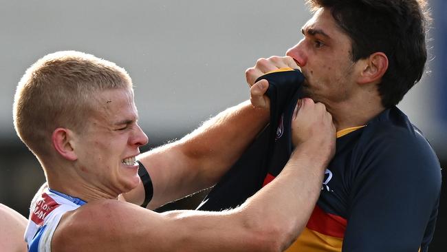 Like his dad Glenn, son Jackson Archer didn’t take a backward step in his debut for the Kangaroos. Picture: Steve Bell/Getty Images