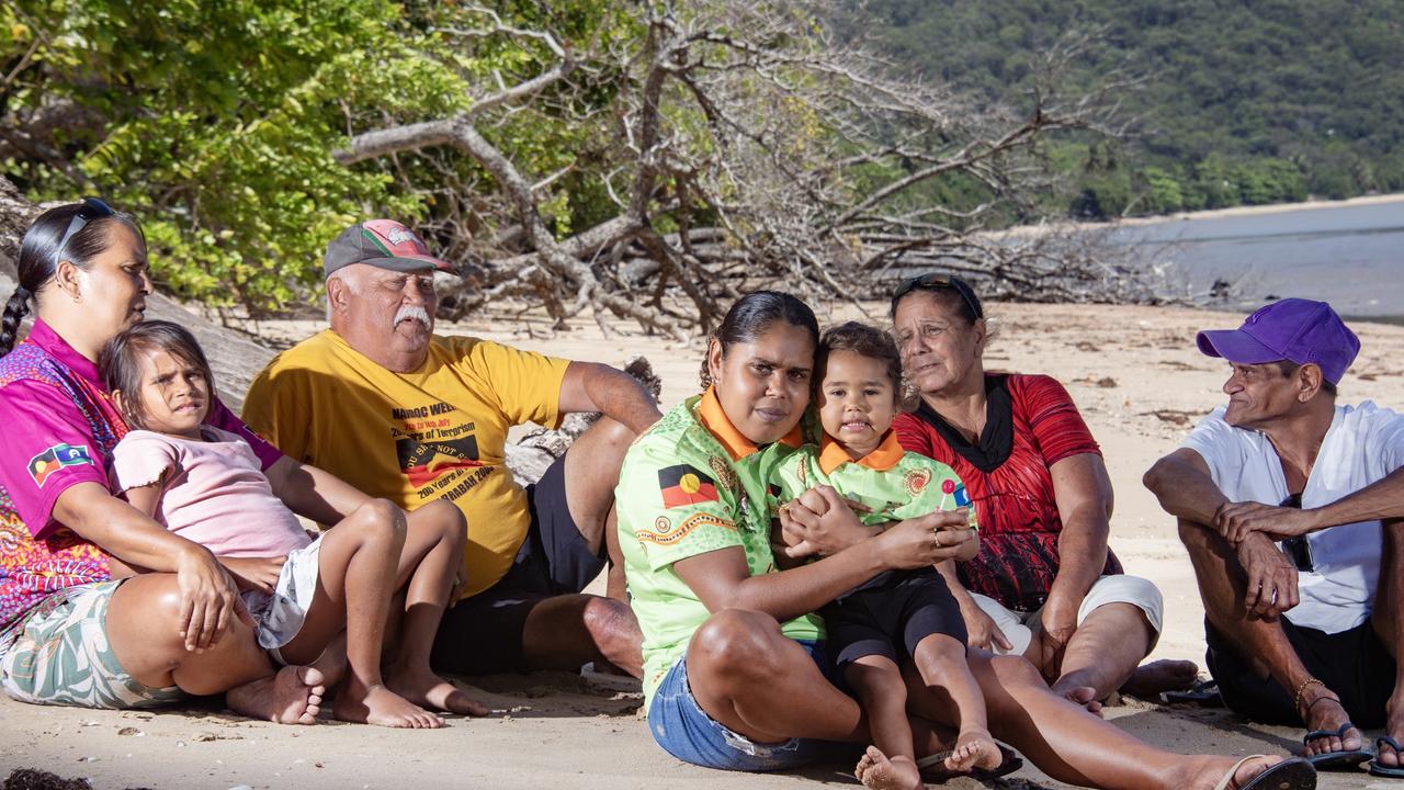 The Neal family from Yarrabah – (left to right) Kelly Neal, Percy Neal, Lomoya Neal (7), Khunburra Neal with 2 year old Kytraya Neal, Pauline Neal and Andrew Gilmartin. Picture: Brian Cassey