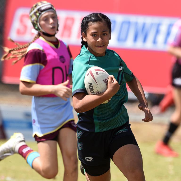 Under-12 girls' state league titles at Burleigh juniors fields Met North V South Coast. Met North's Raewyn Olomalii. (Photo/Steve Holland)