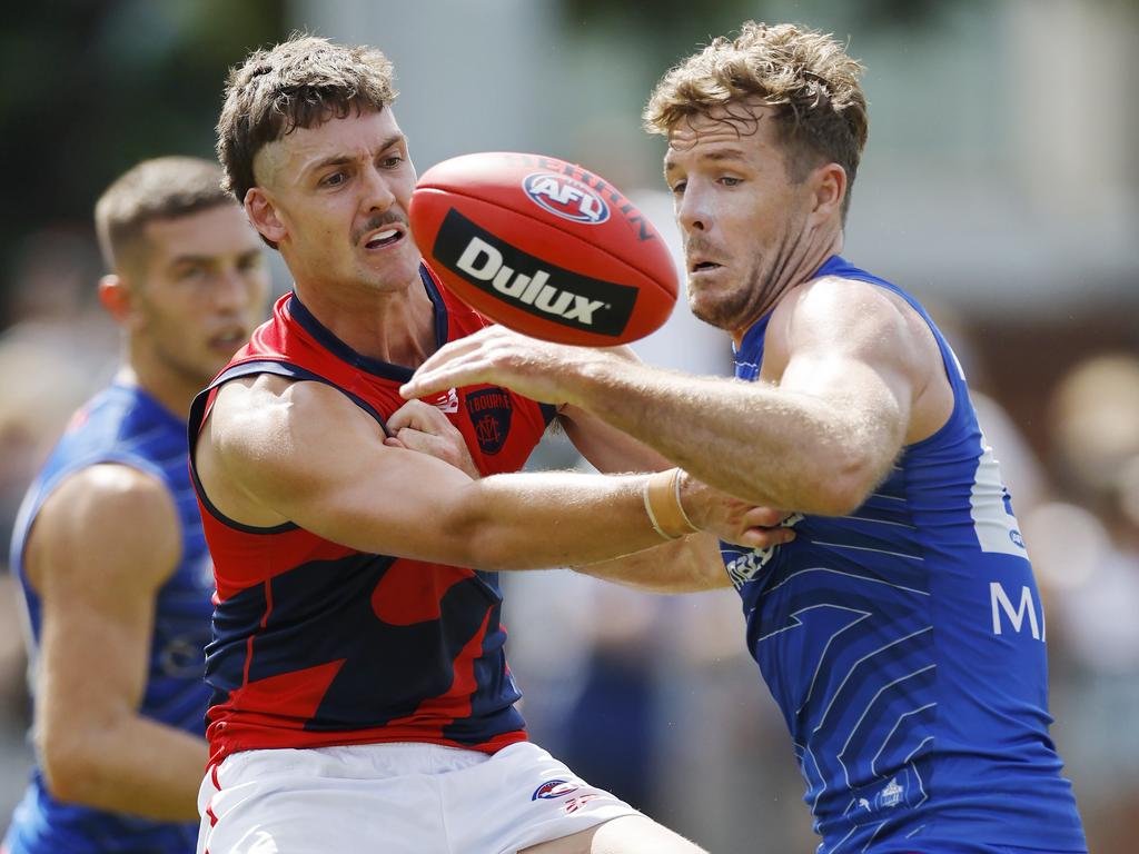 Harvey Langford battles with Luke Parker. Picture: Michael Klein