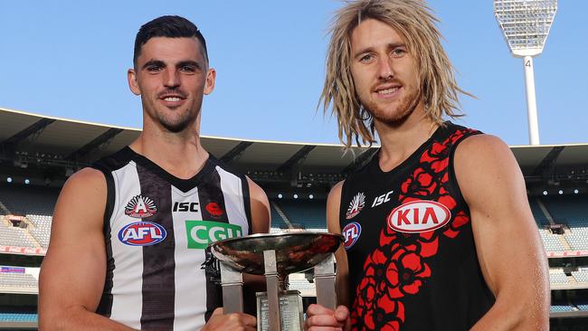 Collingwood captain Scott Pendlebury and Essendon captain Dyson Heppell will play for the Anzac Day trophy on Wednesday, April 25. Picture: Michael Klein