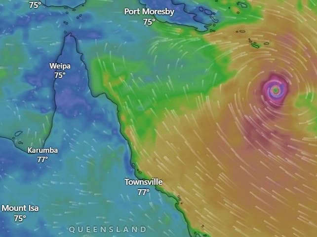 Cyclone Alfred is a category 2 cyclone as of Tuesday morning. Picture: Windy.com.