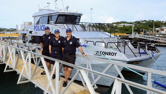 Acting Sergeant Jason Jesse, Senior Constable Tonia Bradford and Senior Constable Nyall Appleyard were all involved in the search and rescue of Adea Tabuai, found floating in the Torres Strait after his dinghy capsized. Police officers Bradford and Jesse took Police Vessel W Conroy into stormy seas in the dark of night, with Senior Constable Appleyard coordinating the search from land. Picture: Brendan Radke