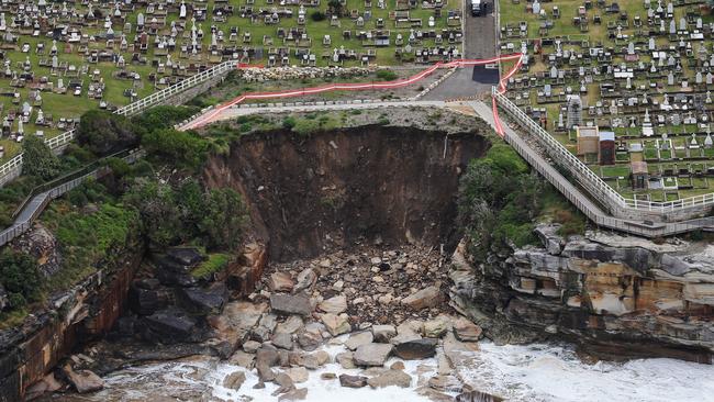 Heavy rain has triggered a landslip at Waverley Cemetery. Picture: Toby Zerna