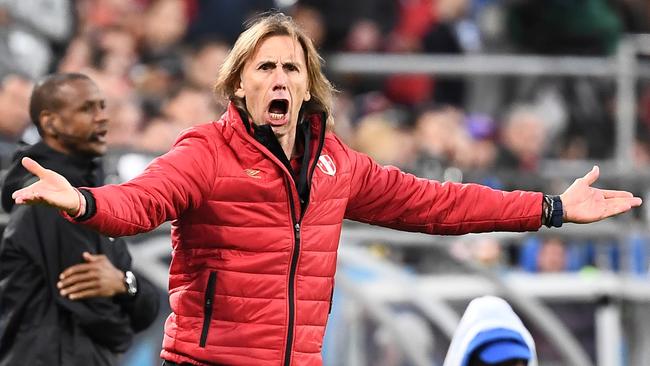Peru coach Ricardo Gareca is an animated figure on the sidelines. Picture: AFP