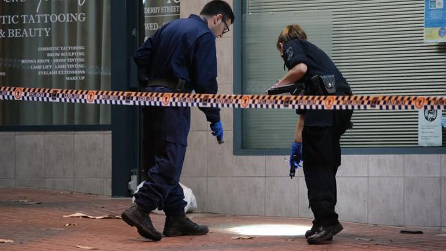 Police and forensics investigate stabbing St George Dance Studio Kogarah. Picture: Damian Hoffman