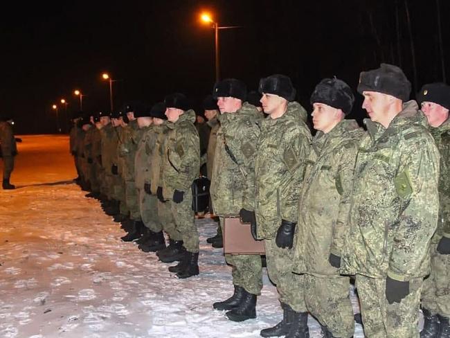 Russian servicemen standing at attention upon their arrival for the joint drills in Belarus. Picture: Handout / MINISTRY OF DEFENCE REPUBLIC OF BELARUS / AFP