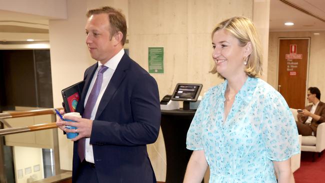 Steven Miles and Shannon Fentiman attend the pre-Caucus meeting to elect Queensland’s new Premier and Deputy Premier. Picture: Steve Pohlner