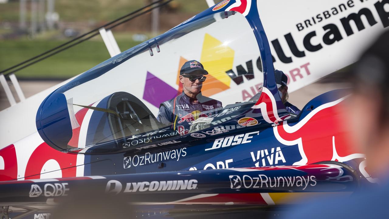 Red Bull pilot Matt Hall about to take to the sky as V8 Supercars team Red Bull Ampol Racing launch their 2024 livery at Toowoomba Wellcamp Airport, Saturday, February 3, 2024. Picture: Kevin Farmer