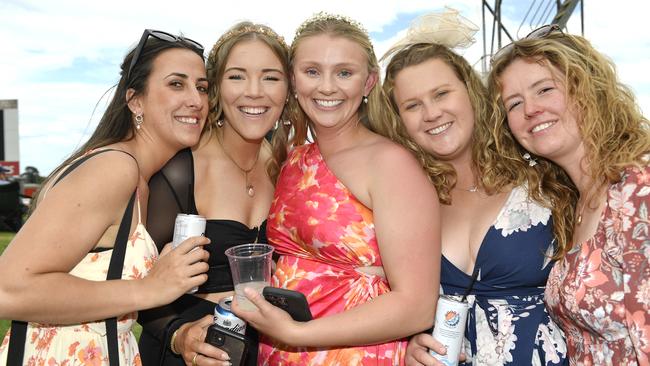 Ladbrokes Sale Cup. Racegoers are pictured attending Cup Day horse races at Sale Turf Club, Sunday 27th October 2024. Sarah, Wishy, Hanna, Hannah and Cat. Picture: Andrew Batsch