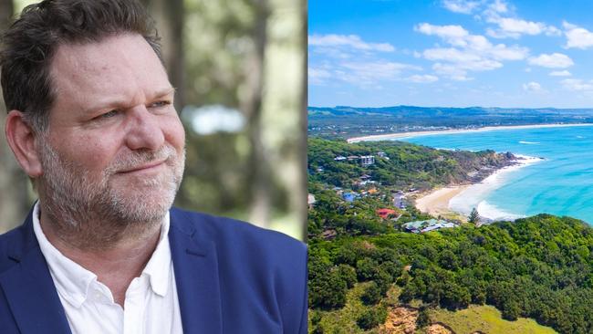 Byron mayor Simon Richardson and a view of Wategos in Byron Bay.