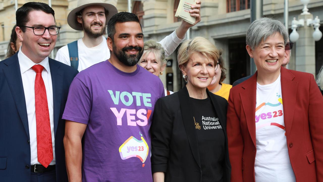 (L-R) Assistant Minister to the Prime Minister Patrick Gorman, Yes23 Campaign Director Dean Parkin, the Hon Julie Bishop and Minister for Foreign Affairs Penny Wong. St Georges Terrace, Perth. Picture: NCA NewsWIRE/Philip Gostelow