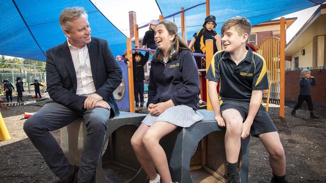 Minister for Education and Training Jeremy Rockliff, grade 6 students Lilliana Garcia and Nicholas Standen at Campbell Street Primary. Picture Chris Kidd