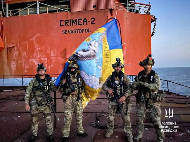 Ukrainian forces have retaken control of an oil and gas drilling platform in the Black Sea that had been controlled by Moscow since 2015, Kyiv announced. Picture: Handout / Telegram / @DIUkraine / AFP