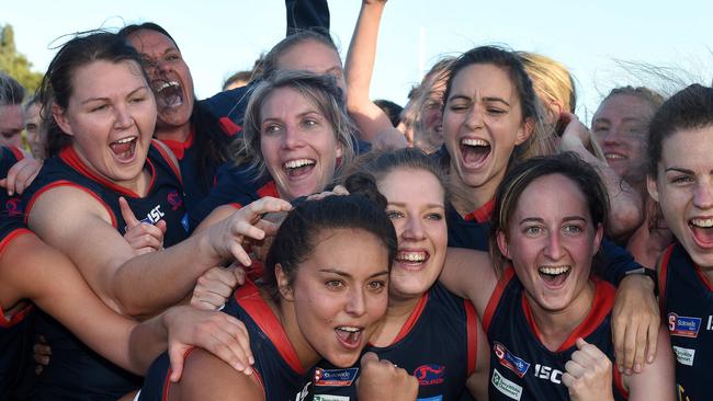 Norwood celebrates after winning the SANFL women’s league. Picture: Roger Wyman