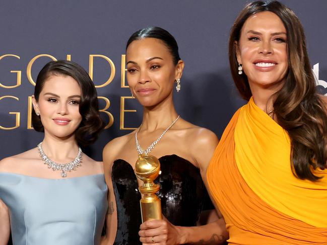 BEVERLY HILLS, CALIFORNIA - JANUARY 05: (L-R) Adriana Paz, Selena Gomez, Zoe Saldana, winner of the Best Performance by a Female Actor in a Supporting Role in Any Motion Picture award for “Emilia Pérez,” and Karla Sofía Gascón pose in the press room during the 82nd Annual Golden Globe Award at The Beverly Hilton on January 05, 2025 in Beverly Hills, California. (Photo by Amy Sussman/Getty Images)