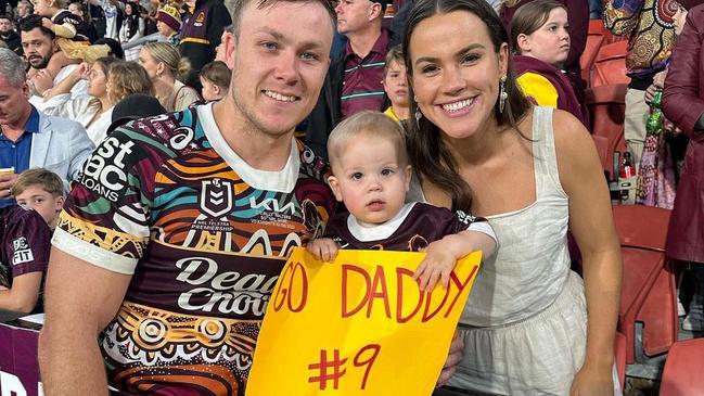 Rachel and Hugo are regulars at Broncos games. They are pictured here at Billy’s 50th game. Picture: Instagram