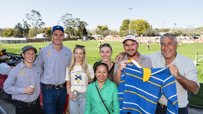 Showing their support for the Wheatmen are (from left) Joey Farrell, Max Reilly, Lacey Farrell, Yenyen Suarez, Pam Reilly, Rory Buckley and Andrew Reilly on Downs Rugby grand final day at Toowoomba Sports Ground, Saturday, August 24, 2024. Picture: Kevin Farmer