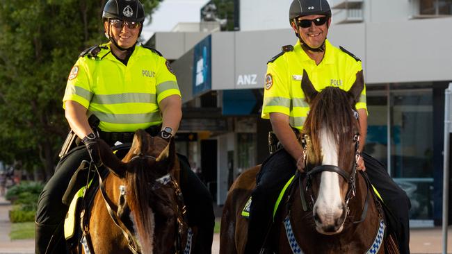 The mounted police are back on Darwin streets after a five month hiatus. Territory Mounted Unit are Senior Constable Erin Simonato on High Tower and Senior Constable Charlie Drury on Sabre. Picture: Che Chorley