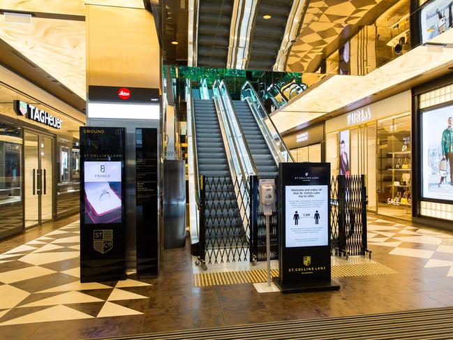 St. Collins Lane shopping arcade in Melbourne. Melbourne is about to enter another 6 week lockdown of due to a recent spike in COVID-19 cases.Photograph by Paul JeffersThe Australian08 JULY 2020