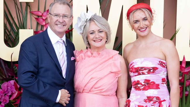 Steve, Robyn and Ariarne Titmus at the Magic Millions race day. Picture: Luke Marsden.