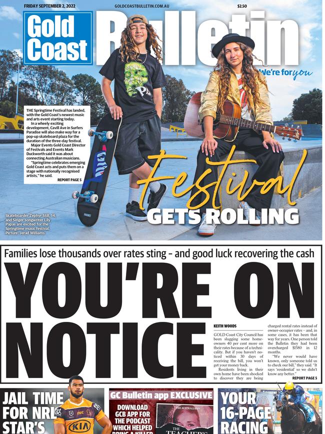 Gold Coast Bulletin front page on September 2, 2022 revealing how council had been significantly overcharging many ratepayers for years.