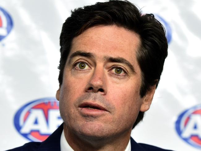 AFL CEO Gillon McLachlan speaks to the media at AFL House in Melbourne, Tuesday, Jan.12 2016. WADA today found 34 past and present Essendon AFL players guilty of using performance enhancing drugs. (AAP Image/Julian Smith) NO ARCHIVING