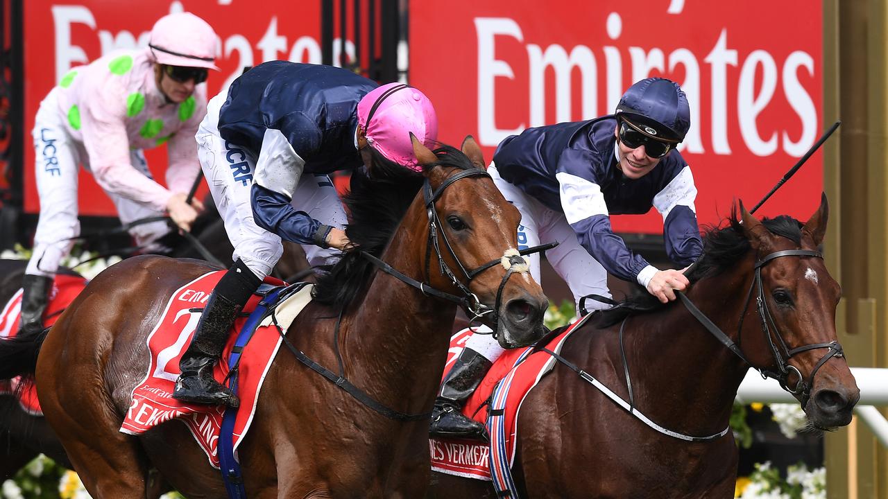 Corey Brown (centre) reacts after Rekindling won the Melbourne Cup in 2017. Picture: Julian Smith/AAP