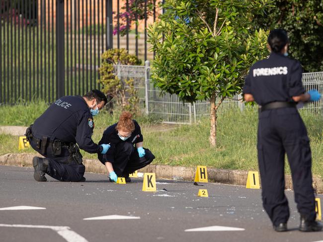 Police remained at the scene of the brawl on Saturday. Picture: Julian Andrews