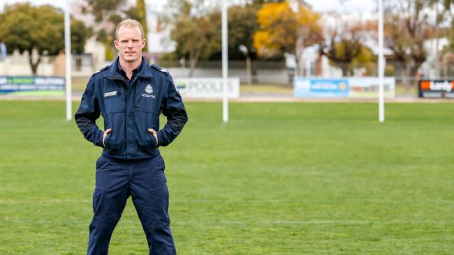 True blue campaigner: Matt Wade is the coach of the local football team in Swan Hill, and also a local policeman. Picture: Chloe Smith