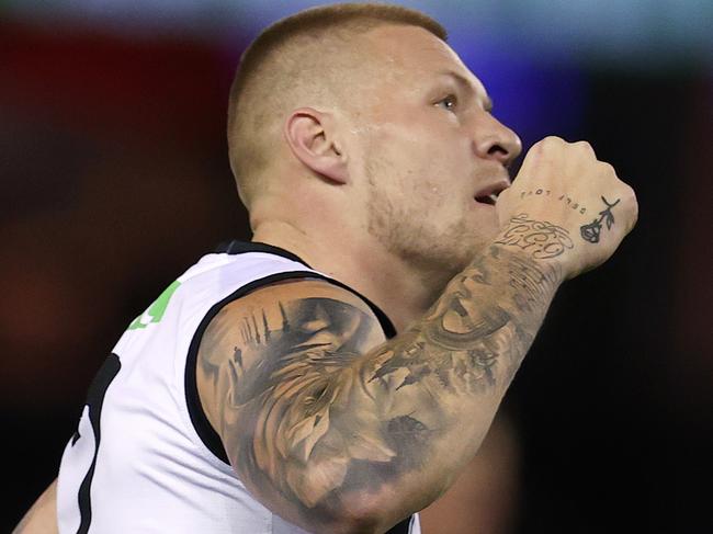 Jordan De Goey celebrates one of his six goals. Picture: Michael Klein