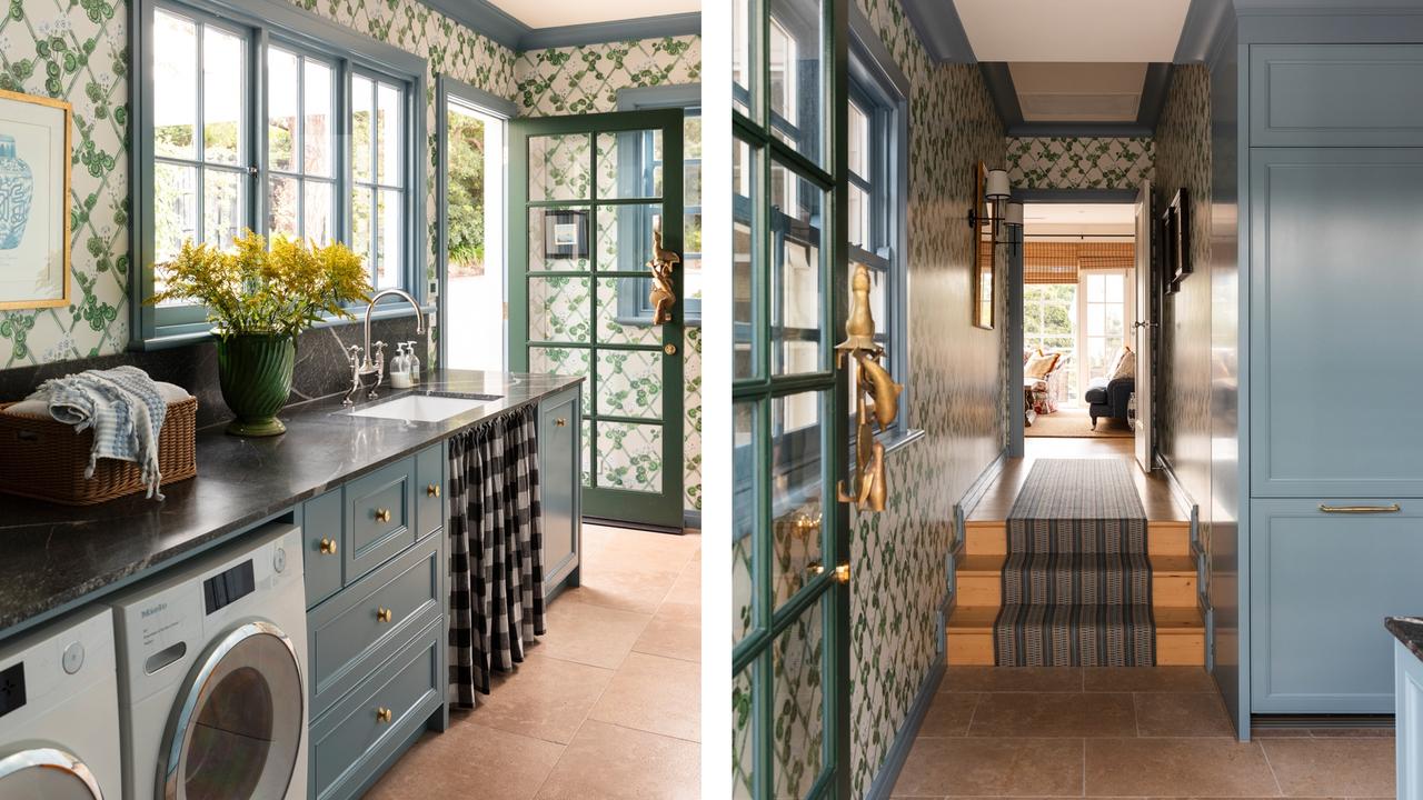 The laundry and mud room includes five lockers, one for each family member.