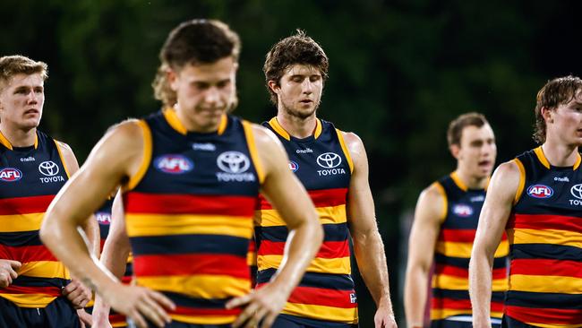 DARWIN, AUSTRALIA – JUNE 03: Jordon Butts of the Crows looks dejected after a loss during the 2023 AFL Round 12 match between the Gold Coast Suns and the Adelaide Crows at TIO Stadium on June 3, 2023 in Darwin, Australia. (Photo by Dylan Burns/AFL Photos via Getty Images)