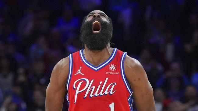 PHILADELPHIA, PA - MAY 08: James Harden #1 of the Philadelphia 76ers reacts against the Miami Heat in the second half during Game Four of the 2022 NBA Playoffs Eastern Conference Semifinals at the Wells Fargo Center on May 8, 2022 in Philadelphia, Pennsylvania. The 76ers defeated the Heat 116-108. NOTE TO USER: User expressly acknowledges and agrees that, by downloading and or using this photograph, User is consenting to the terms and conditions of the Getty Images License Agreement.   Mitchell Leff/Getty Images/AFP == FOR NEWSPAPERS, INTERNET, TELCOS & TELEVISION USE ONLY ==