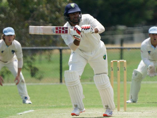 VSDCA cricket : Ivanhoe v Plenty Valley at Yarrambat War Memorial Park. Plenty Valley batter Lahiru Opatha. Picture: Valeriu Campan