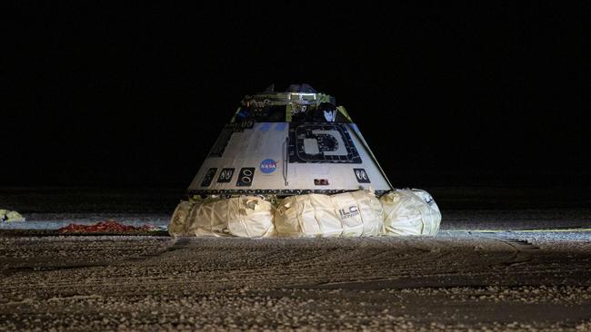 The Boeing CST-100 Starliner after landing at White Sands, New Mexico, on Monday. Picture: AFP