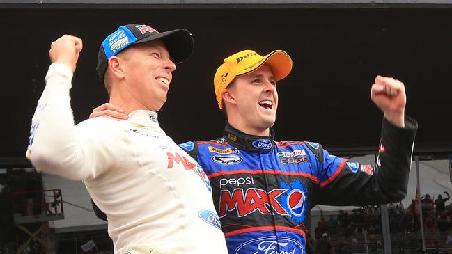 Mark Winterbottom and Steve Richards after winning the Bathurst 1000 in the Pepsi Max FPR Ford at Mount Panorama in 2013.