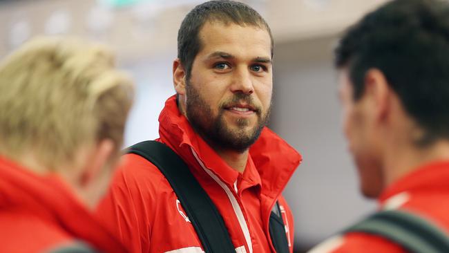 Swans star Lance “Buddy” Franklin and his teammates arrive at Hobart Airport ahead of today’s match against North Melbourne. Picture: SAM ROSEWARNE
