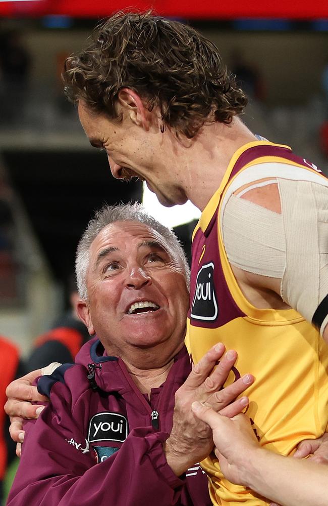 Chris Fagan and Joe Daniher after the final siren. Picture: Mark Metcalfe/AFL Photos/via Getty Images.