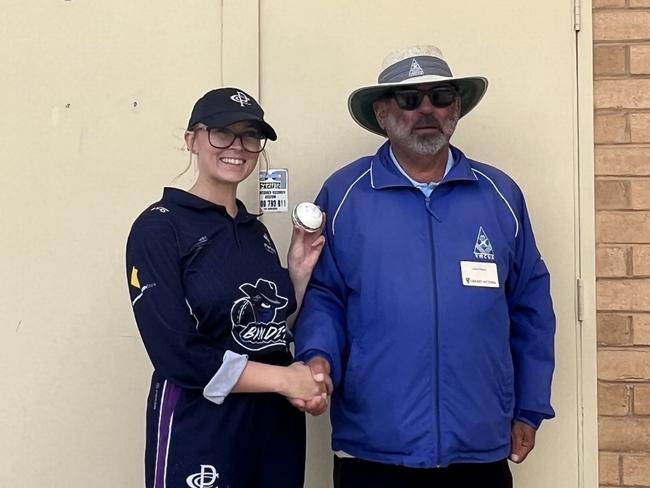 Parkfield's Jordan Hill is presented the match ball by the umpire after her haul of 7-11 that included a triple hat-trick. Picture: Supplied.