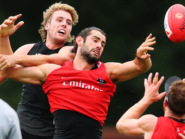 MELBOURNE, AUSTRALIA - FEBRUARY 18: Brodie Grundy of the Magpies competes for the ball during a Collingwood Magpies AFL training session at the Holden Centre on February 18, 2019 in Melbourne, Australia. (Photo by Michael Dodge/Getty Images)