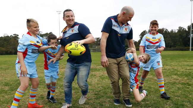 Joel Caine and Jimmy Smith (centre) will call and broadcast the kids footy online during the COVID-19 pandemic. Picture: Sam Ruttyn