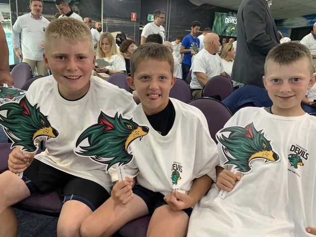 Youngsters Maxwell Nutting, Jesse Nutting and Alex Nutting get into the spirit after the launch of Tasmania Football Club at Launceston’s UTAS Stadium. Picture: Jon Tuxworth