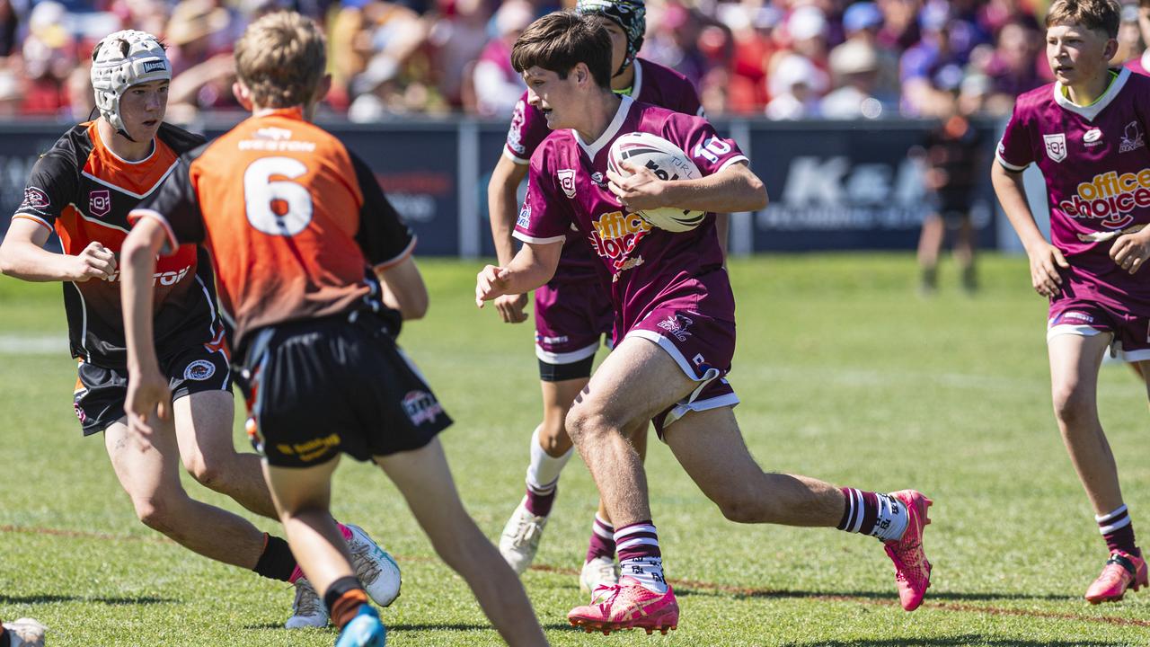 Mason Geisel makes ground for Dalby Devils against Southern Suburbs in U14 boys Toowoomba Junior Rugby League grand final at Toowoomba Sports Ground, Saturday, September 7, 2024. Picture: Kevin Farmer