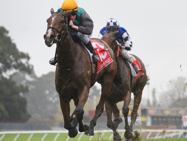 La Chevalee ploughs through the heavy going at Sandown.