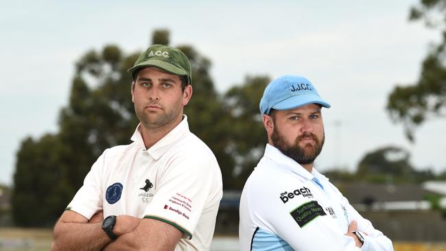 Jan Juc captain Nick Hyden (right) with Anglesea skipper Dylan Taylor.